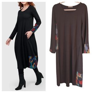 Alembika Riley Crew Cocoon Dress Ocean Abstract Patch Boho Artsy Lagenlook Small